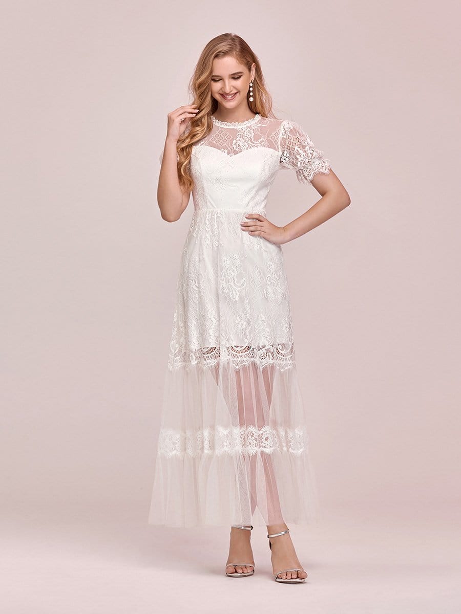 White Lace Midi Dress with Puff Sleeves Online